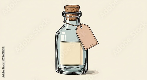 Vintage glass bottle with cork stopper and blank label against a neutral background