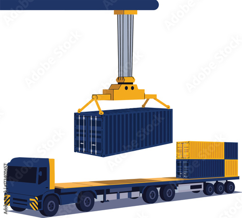 Container loading operation on a flatbed truck, vector illustration, featuring crane lifting cargo at a shipping port, transportation and logistics concept, eps file.