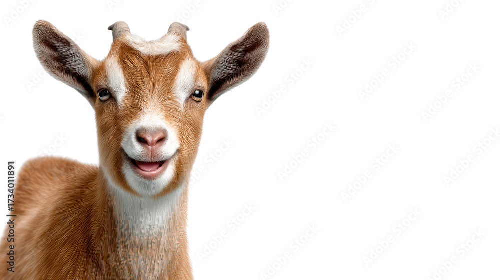 Fototapeta premium Smiling Goat Portrait: A charming goat gazes directly at the viewer with a captivating smile, its expressive eyes conveying a sense of curiosity and amiability. A study in animal character.