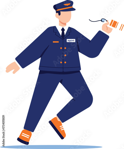 Japanese train conductor in uniform holding tickets and motioning with a flashlight, conveying a sense of service and transportation, vector illustration in a modern flat style.
