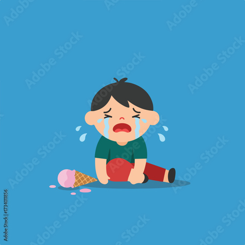 Sad child crying over dropped ice cream cone on blue background