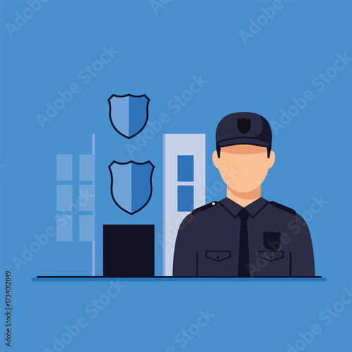 Dedicated police officer in uniform standing vigilantly in front of a modern police station building symbolizing law enforcement and public security, vector illustration.