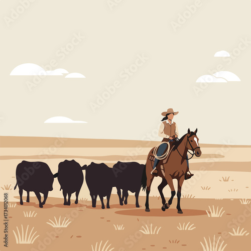 Cowboy on horse wrangling cattle across a vast, dry, open landscape
