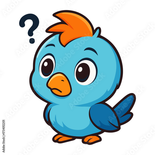 A cartoon blue bird ponders with a question