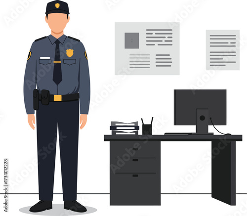 Professional police officer in uniform standing next to an office desk with a computer and documents on the wall, a detailed flat design eps vector illustration.