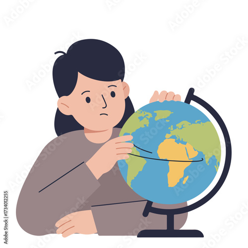 Person thoughtfully examining a globe, pondering global geography and possibilities