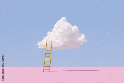 Ladder reaches up to fluffy cloud in serene pastel landscape, ev