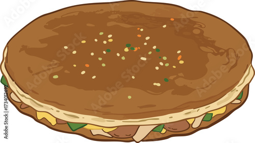 Close-up illustration of a large, round sandwich with various fillings and toppings.