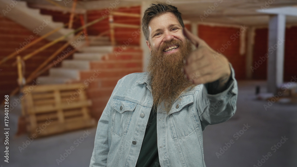 Fototapeta premium Man with denim jacket extends hand gesture toward the camera amid brick walls in an unfinished building; trust.