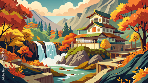 Shirasui Waterfall surrounded by autumn leaves in Japan, located in Gifu Prefecture, Ono-gun, Shirakawa village, creates a breathtaking natural scene blending vibrant seasonal beauty, cascading water,
