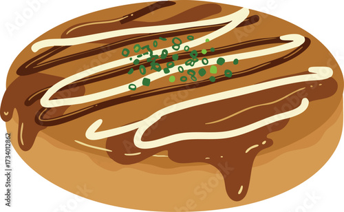 A delicious illustration of a Japanese okonomiyaki savory pancake with brown sauce, mayonnaise, and green onion garnish.