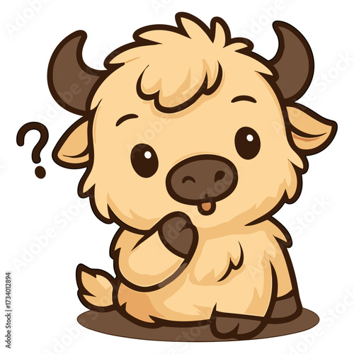 Cartoon buffalo ponders with question mark