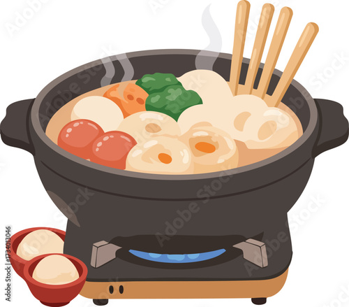 Oden hot pot with various ingredients and wooden skewers.