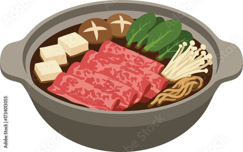 A steaming hot pot filled with an assortment of fresh ingredients including thinly sliced meats, tofu, noodles, mushrooms, and leafy green vegetables.