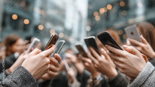 Crowd using smartphones to capture an event in a modern city, perfect for showcasing social media trends, digital communication and modern lifestyle, great for tech companies