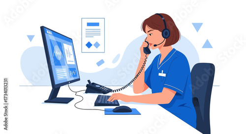 Female healthcare worker providing remote assistance with a telephone and computer