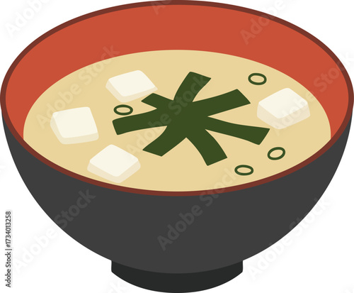 Illustration of a bowl of miso soup with tofu, seaweed, and a red rim.