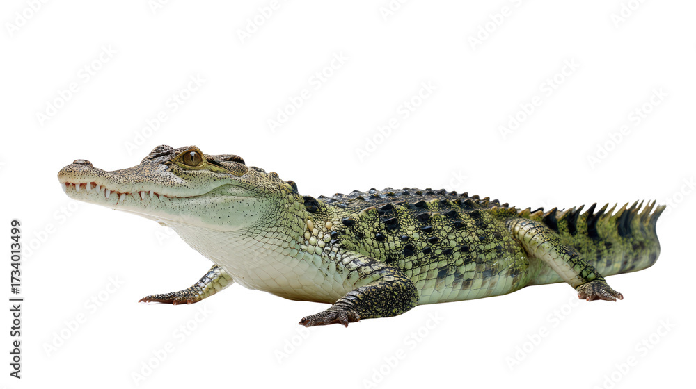 Fototapeta premium Caiman reptile close-up: A detailed studio capture of a caiman reveals the intricate texture of its scales and the primal power of this wild creature.