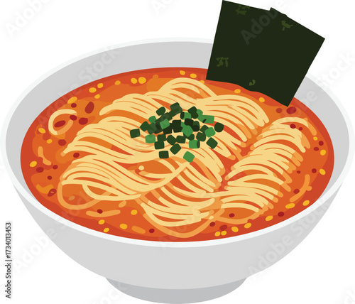 A vector illustration of a bowl of spicy ramen noodles with a rich red broth, topped with chopped green onions and nori seaweed.