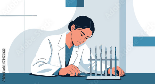 Focused surgeon carefully examines surgical instruments in sterile environment illustration