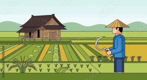 Flat vector illustration of a farmer in a rice field with traditional house agricultural life and