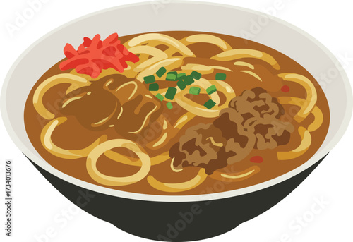 An illustration of a delicious bowl of Japanese curry udon noodles with beef, scallions, and pickled ginger.
