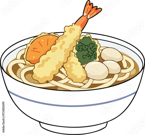 A delicious bowl of Japanese udon noodles topped with crispy shrimp tempura, vegetables, and other savory ingredients.