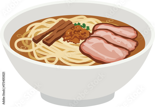 A delicious bowl of ramen noodles with sliced pork, bamboo shoots, and a savory broth.
