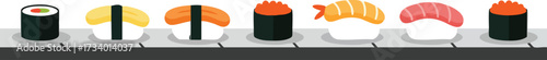 A colorful assortment of various sushi and maki rolls lined up on a conveyor belt.