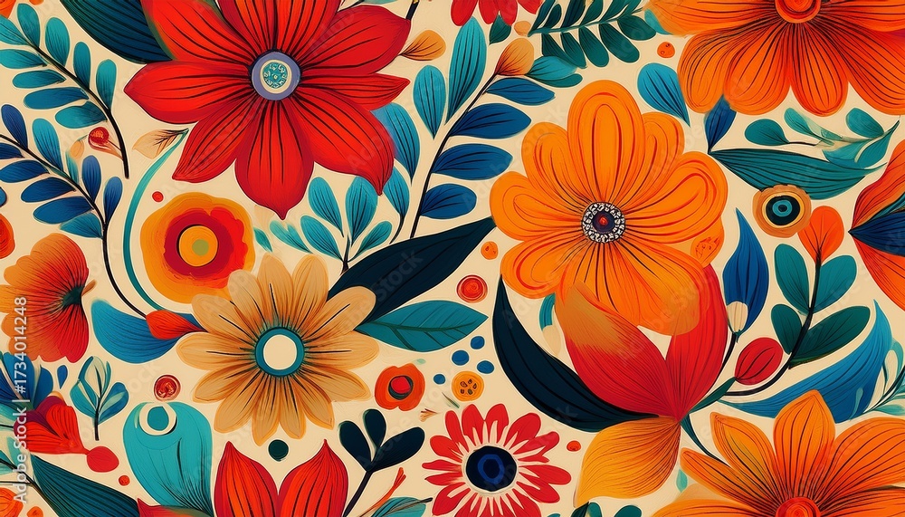 seamless 1970s inspired floral pattern with bold motifs and colors