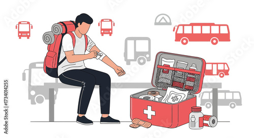 Illustrated backpacking traveler applying first aid after an injury on a bus trip