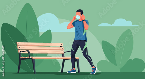 Illustrated Man Preparing for Exercise in a Park while Wearing a Protective Face Mask