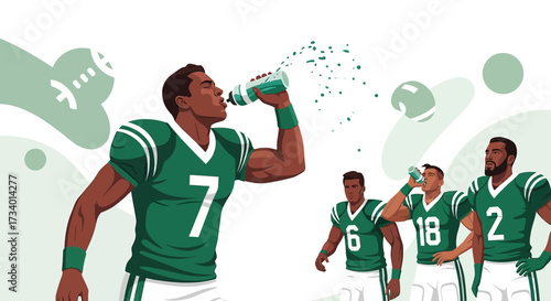 Illustrated football players hydrating during a break and replenishing energy levels showing