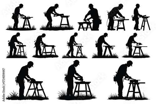 Silhouettes of carpenters working with saws and sawhorses
