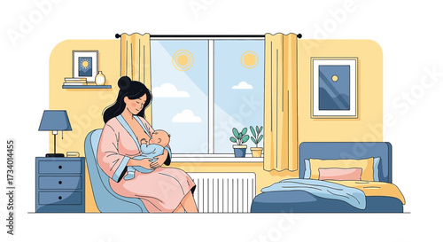 Illustration depicting a mother breastfeeding her baby in a cozy and serene bedroom setting