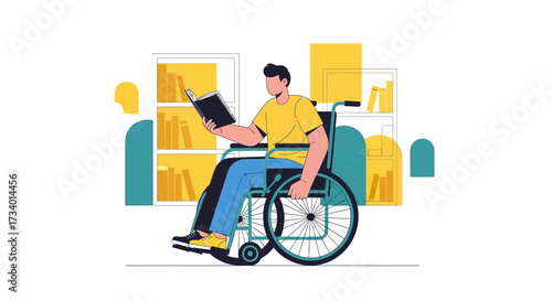 Illustration depicting a man in a wheelchair reading a book in front of bookshelves showcasing