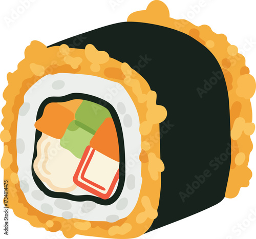 A single piece of crunchy tempura maki sushi roll, depicted in a simple vector illustration style.