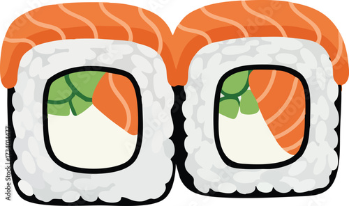 Two delicious salmon sushi rolls with rice, nori, cream cheese, and cucumber, presented as a flat illustration.