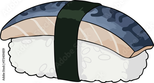 A detailed illustration of a single piece of saba nigiri sushi with nori seaweed.