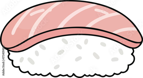 Simple cartoon illustration of a single piece of nigiri sushi with pink fish on white rice, a popular Japanese delicacy.