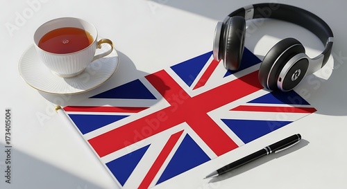 Wallpaper Mural British Flag with Tea, Headphones, and Pen - English Learning Concept Torontodigital.ca