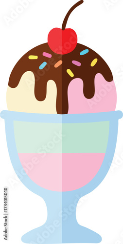 A colorful illustration of a delicious ice cream sundae in a glass dish, topped with chocolate sauce, sprinkles, and a cherry.