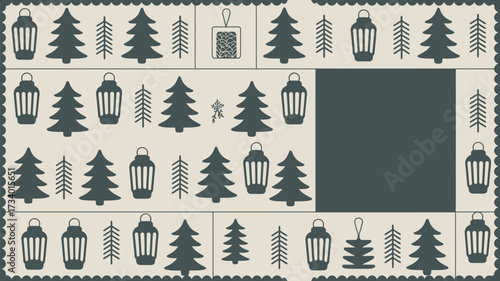 Patterned background with christmas trees, lanterns, ornament, and simple trees on a light beige background