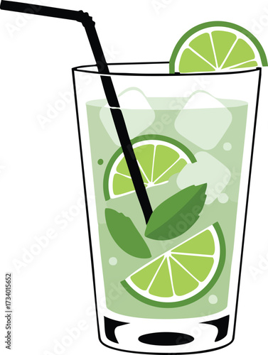 A refreshing green cocktail with lime slices, mint leaves, and ice in a tall glass with a black straw.