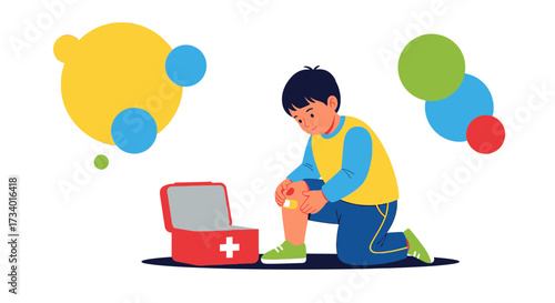 Illustration depicting a young boy applying a bandage to his knee with a first aid kit nearby