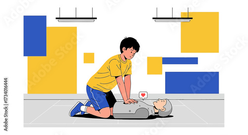 Illustration depicting CPR training on a dummy with focus on chest compressions