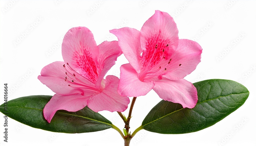 Obraz premium Beautiful Close Up Of Pink Azalea Flowers With Detailed Petals And Green Leaves Isolated On White Background