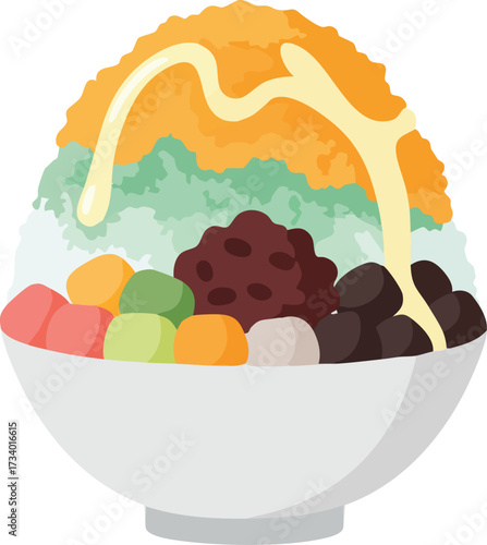 A vector illustration of a bowl of Asian shaved ice dessert with condensed milk, red bean paste, and colorful mochi balls.