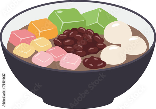 A colorful bowl of Japanese dessert featuring mochi, red bean paste, and jelly cubes.