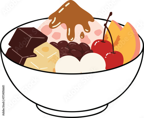 A colorful Japanese dessert bowl filled with shaved ice, red beans, mochi, fruit, and syrup.